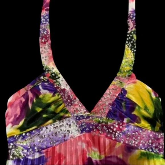 Vintage Beaded Halter Dress Y2K Watercolor Maxi Formal Fairy Sparkle Pink Prom - Picture 6 of 15